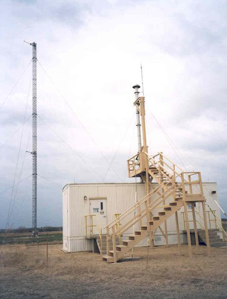An ARM Aerosol Observing System and 60‑meter tower are shown at the Southern Great Plains atmospheric observatory.
