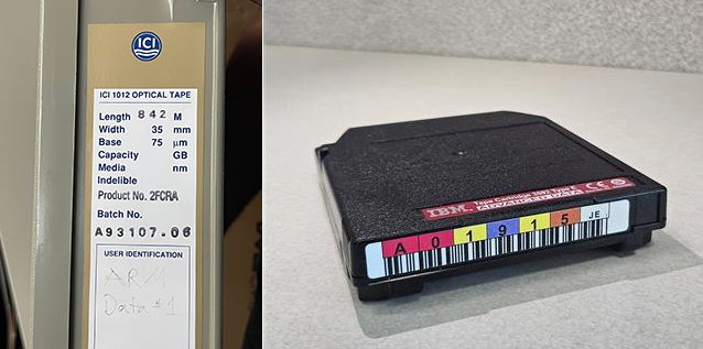 One photo shows the spine of an optical tape container with the words ARM Data #1 hand-written on the label. The other photo shows an advanced data tape cartridge.
