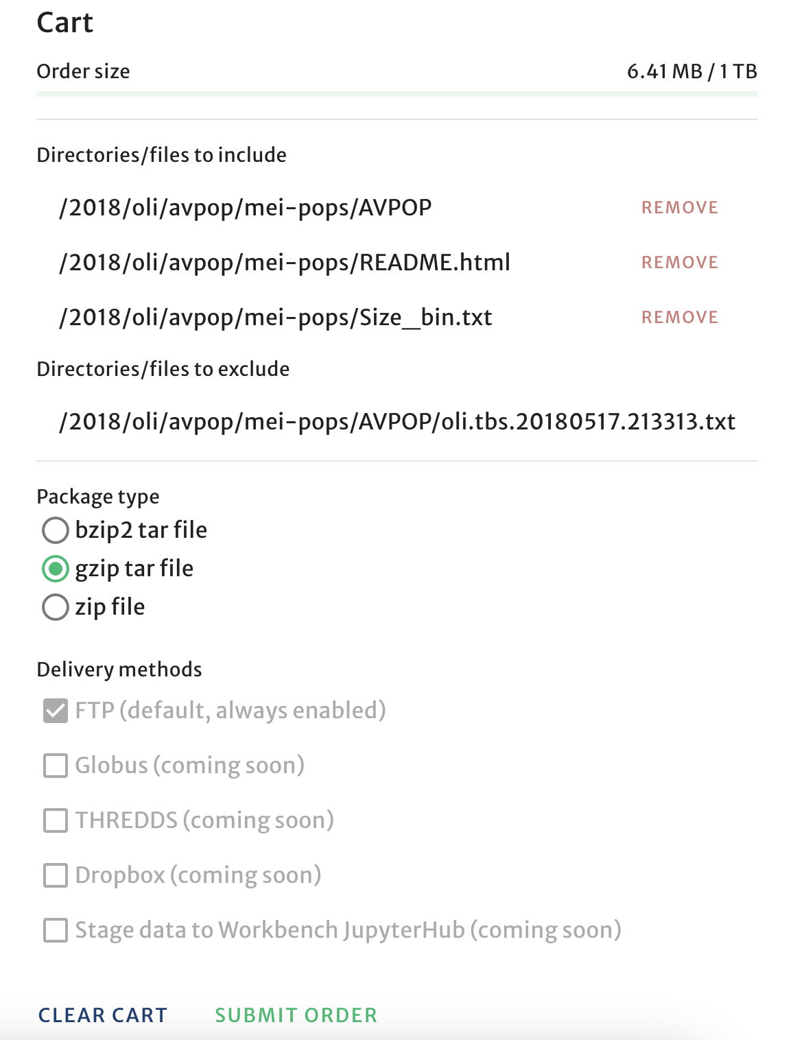 The Cart menu in ARM's Intensive Operational Period Browser shows order size, directories and files to include, package type, and delivery methods.