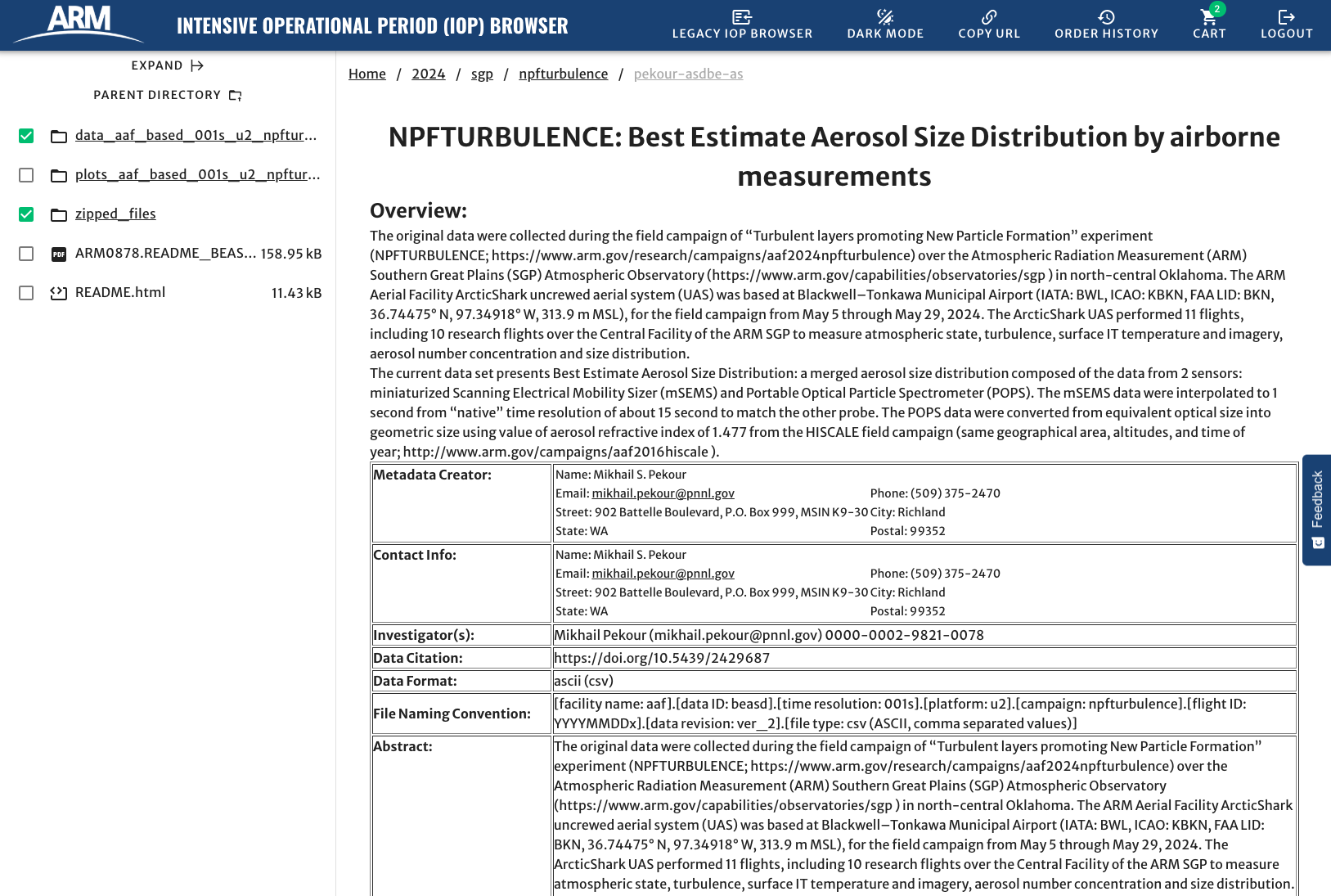 A README file shows an overview of intensive operational period data, the metadata creator, contact information, the investigator, data citation, data format, file naming convention, and abstract. To the left of the open README file is a file directory.