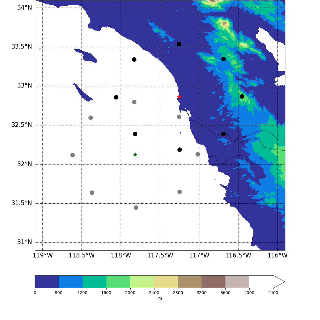 Two stars on a map indicate the centers of different variational analysis domains. One set of dots encircles a star in the ocean. Another set of dots encircles a star on the coast. The dots represent the variational analysis domains.